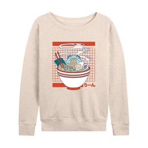 Women's - Instant Message - Kawaii Frog Eating Ramen Lightweight French Terry Wide Neck Long Sleeve Shirt - 1 of 4