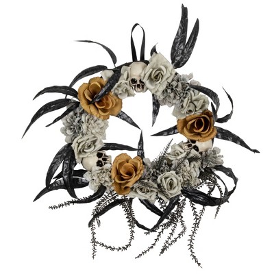 Northlight Skulls with Roses Halloween Foliage Wreath - 14" - Orange, Gray and Black - Unlit