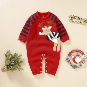 MyKids-USA Baby Cartoon Elk Graphic Side Striped Sleeve Knitted Romper - 1 of 4