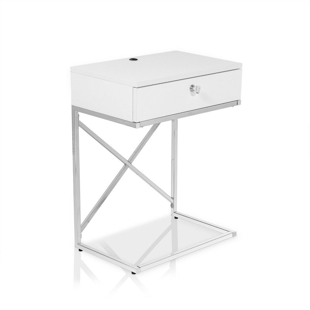 Photos - Coffee Table 24/7 Shop At Home Vish 1 Drawer End Table with USB Port White Marble: Modern Chrome-Plated, Acrylic Hardware