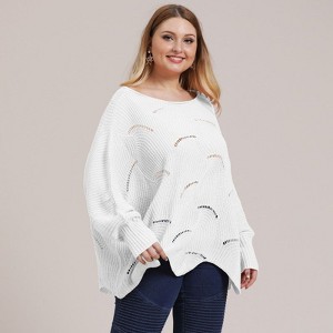 Coolmee Women's Plus Size Sweater Fall Batwing Long Sleeve Crochet Hollow Out Pullover Knit Sweaters Jumper Tops - 1 of 2