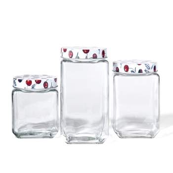 American Atelier Square Clear Glass Jars, Set of 3, Cherry Design on Airtight Lid, For Coffee, Beans, and Dry Goods, 45, 63, and 74-Ounce Capacity
