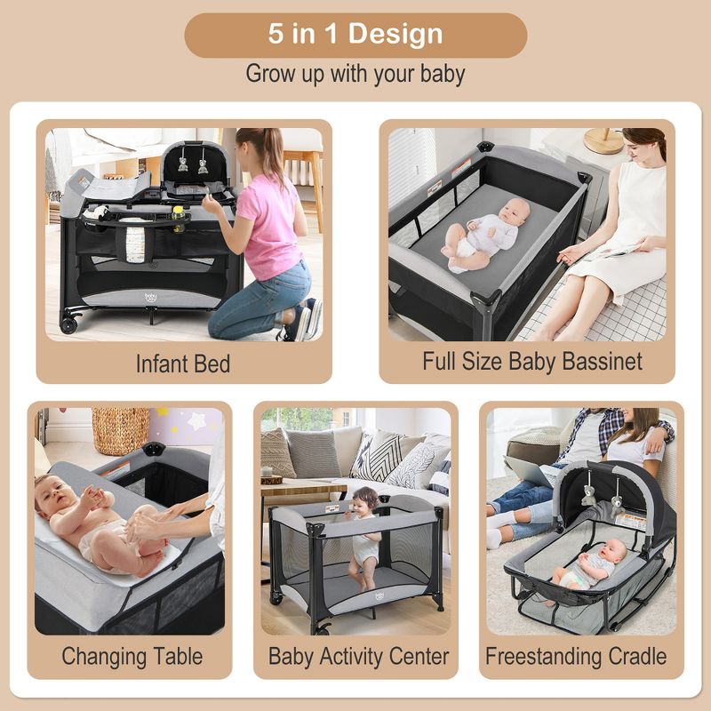 Babyjoy 5 in 1 Portable Baby Playard Nursery Center with Cradle & Storage Basket, 5 of 11