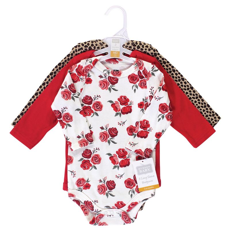 Hudson Baby Infant Girl Cotton Long-Sleeve Bodysuits 3pk, Basic Rose Leopard, 3 of 4