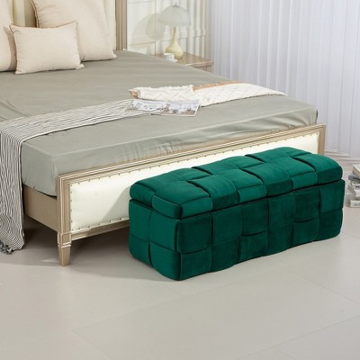 43.7" Storage Ottoman Bench, Velvet End of Bed Storage Bench, Upholstered Flip Top Entryway Bench, Foot Rest Stool for Living Room Bedroom