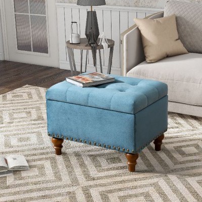 CAVINAS Square Ottoman with Storage Space, Retro Riveted Velvet Upholstered Storage Ottoman Bench, Hidden Support Hinges