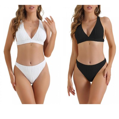 INSPIRE CHIC Women's V Neck Crisscross Back Drawstring Triangle Bottoms Swimwear Bathing Bikini Suits 2 Sets