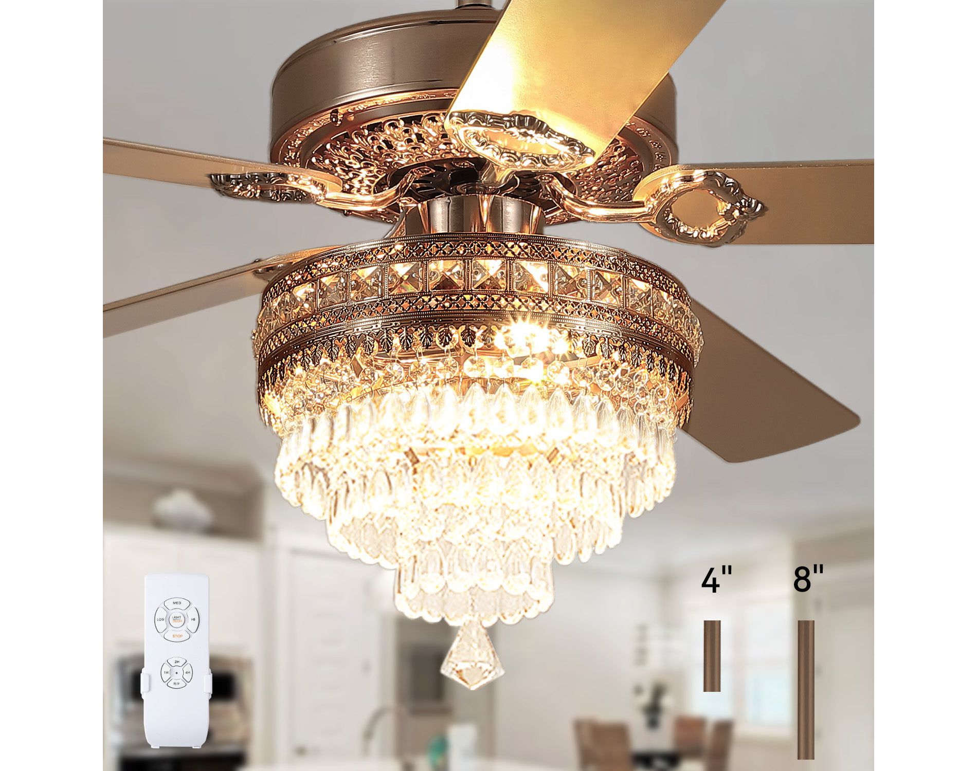 Kviflon 62 inch Crystal Ceiling Fan with Light-Gold
