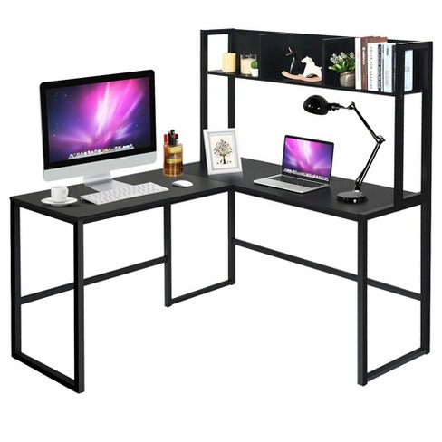 Costway 55 L Shaped Desk Corner, Black Corner Computer Desk With Hutch