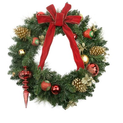 Northlight 24" Unlit Red/Gold Ball Ornaments, Pine Cones and Bow Artificial Christmas Wreath