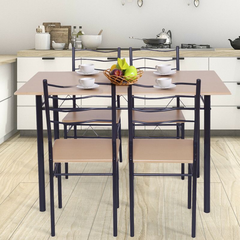 Costway 5 Piece Dining Table Set 29.5" with 4 Chairs Wood Metal Kitchen Breakfast Furniture Brown, 3 of 9