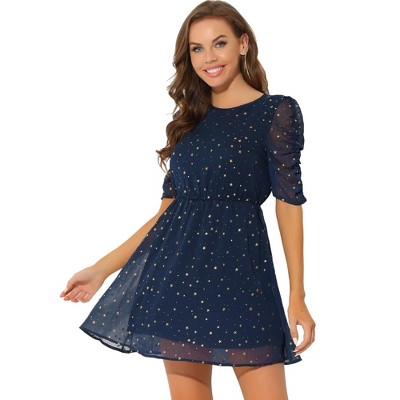 Allegra K Women's Shiny Metallic Stars Ruched Short Sleeve A-Line Mini Dress