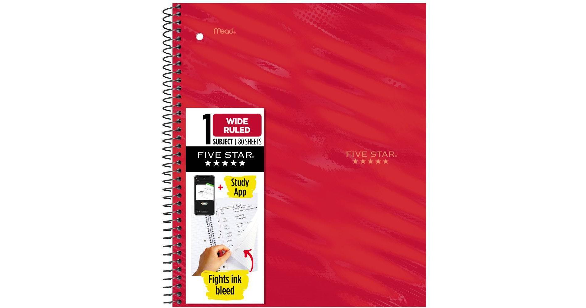 Five Star Active Subject Wide Ruled Notebook 80ct Red