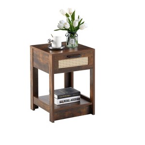 Natural Rattan Nightstand, Bed Side Table with Drawer, Wooden End Table, Rattan Chest of Drawer with Retro Handle for Living Room, Bedroom - 1 of 4