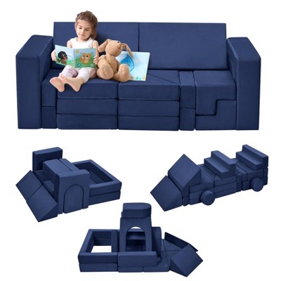 Kids Couch for Building Fort Toy,22pcs DIY Toddler Sofa,Velvet Toddler Futon Sofa Bed for Playroom, Bedroom,Grey