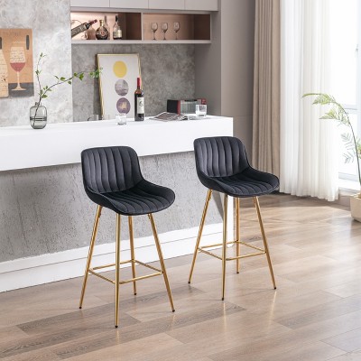 VYNXARIA 26 Inch Set of 2 Bar Stools,with Steel Frame Footrest Velvet Fabric Golden Leg Simple Bar Stool,Black