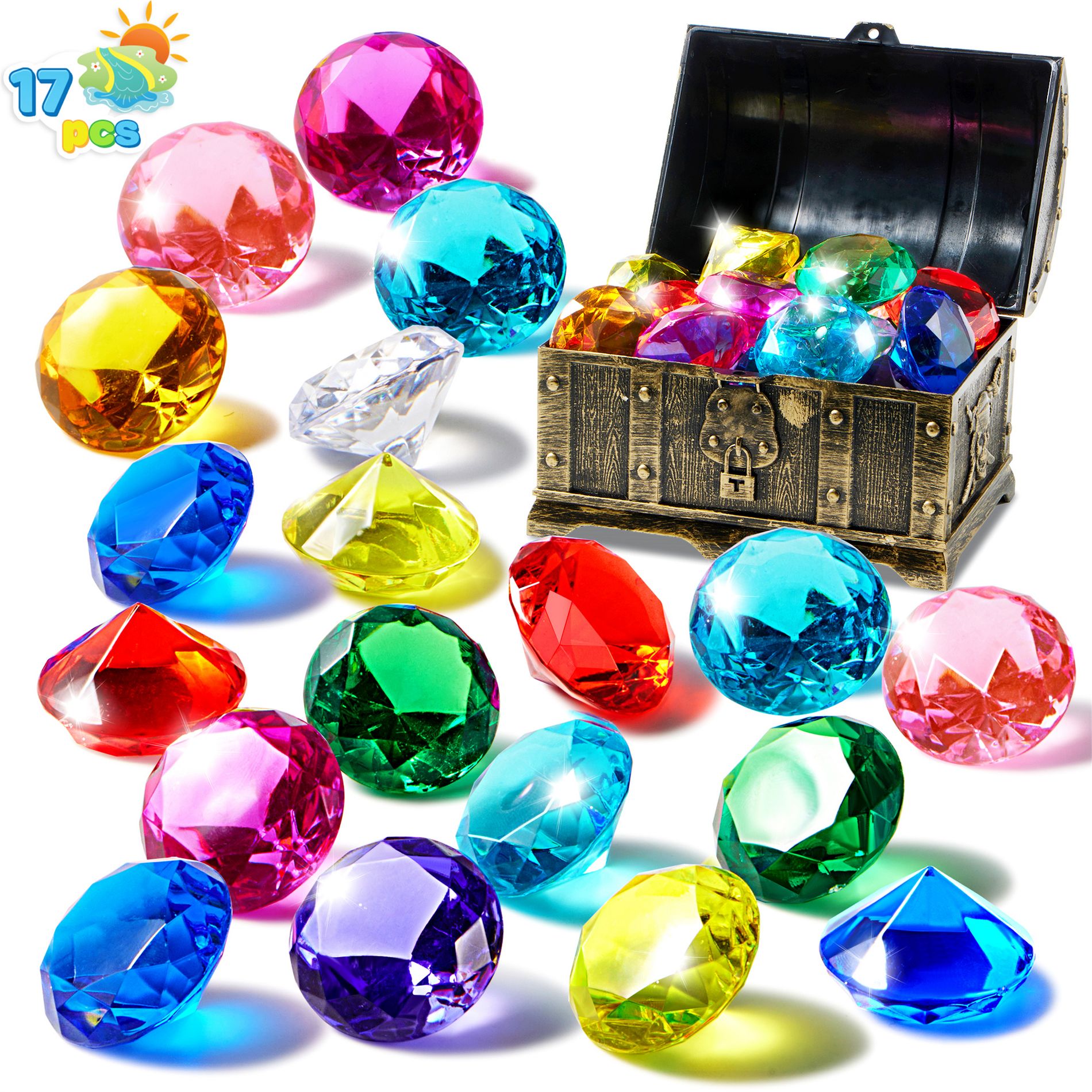 Joyfy 17 Pcs Diving Pool Toys, 16 Big Colorful Diamond Gems with Pirate Treasure Chest, Swimming Dive Toy for Kids Underwater Adventure Pool Game-Gold