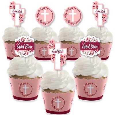 Big Dot of Happiness Pink Elegant Cross - Cupcake Decoration - Girl Religious Party Cupcake Wrappers and Treat Picks Kit - Set of 24