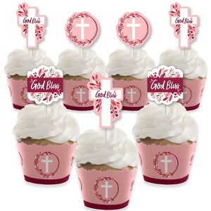 Big Dot of Happiness Pink Elegant Cross - Cupcake Decoration - Girl Religious Party Cupcake Wrappers and Treat Picks Kit - Set of 24 - 1 of 4