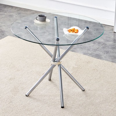 36.6" Round Dining Table with Tempered Glass Tabletop Modern Circle Kitchen Table Glass Table with Metal Legs for Kitchen, Dining Room, Office