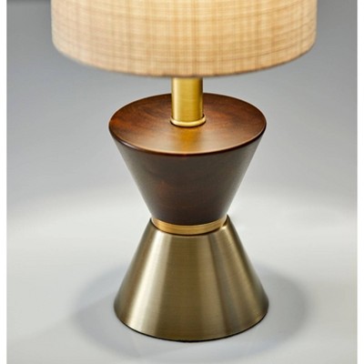 Antique Brass & Walnut Rubberwood Desk Lamp with Textured Beige Shade