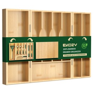 Ekozy 100% Bamboo Cutlery Tray with Flip Lid – 8-Slot Non-Slip Drawer Organizer for Silverware & Utensils, Waterproof, Farmhouse & Modern Fit - 1 of 4