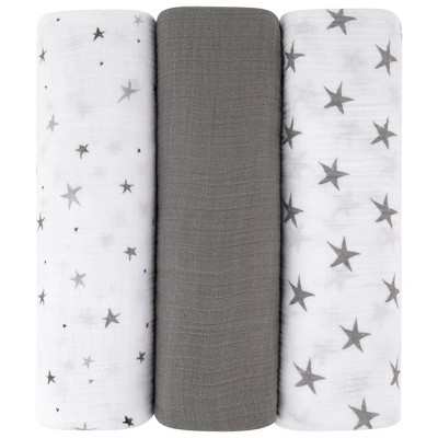 Image of Ely's & Co. Cotton Muslin Swaddle Blanket Grey Star Collection 3 Pack