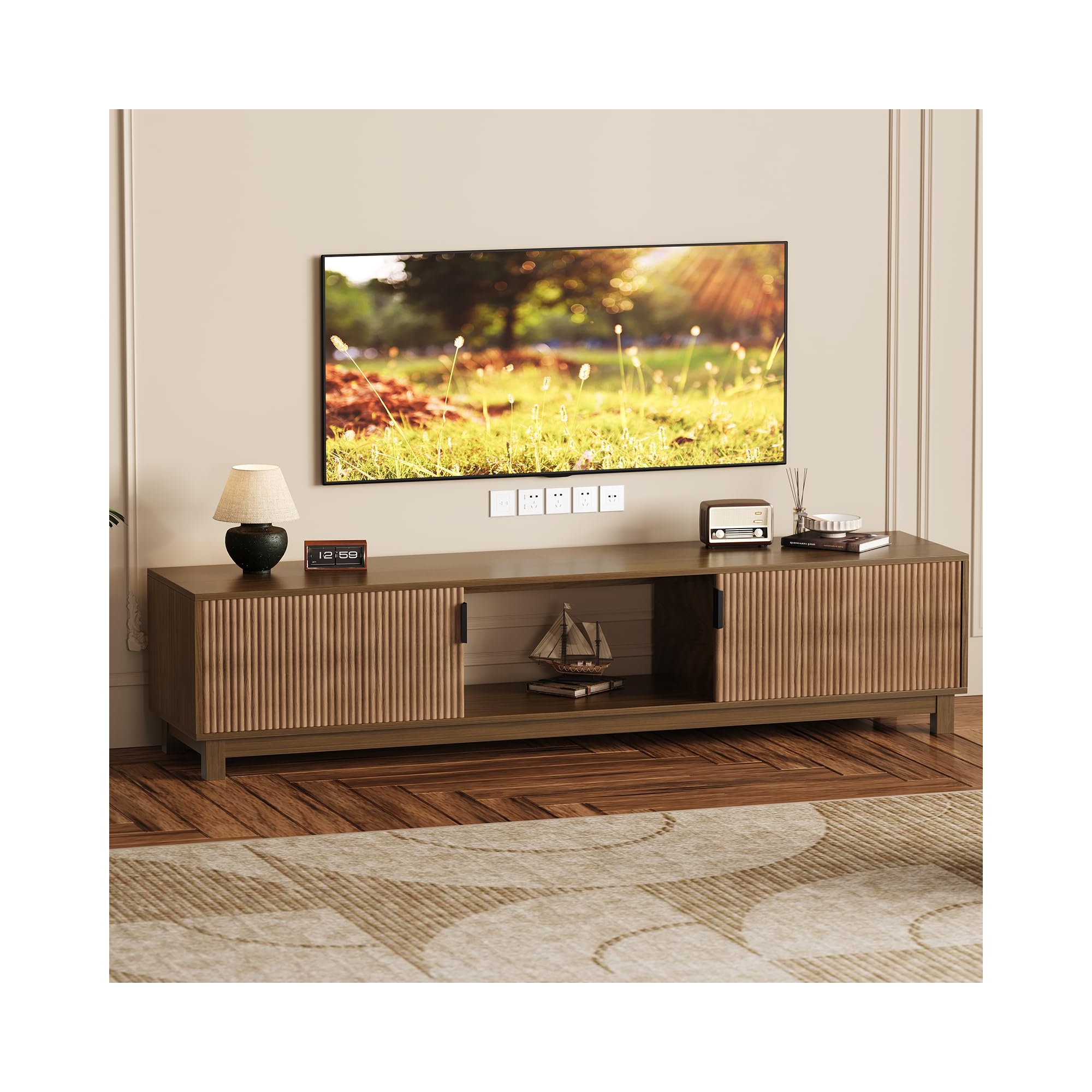 70" Fluted TV Stand in Walnut for TVs up to 75" - Mid-Century Modern Media Console with Hidden Storage, Adjustable Shelves and Cable Management