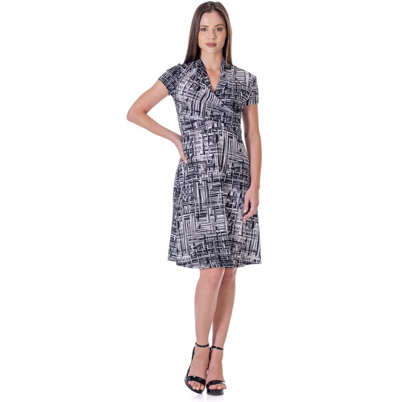 24seven Comfort Apparel Womens Print Short Sleeve Knee Length V Neck Rouched Wrap Dress, 1 of 9