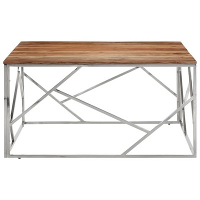 vidaXL Coffee Table Silver, Natural Wood Stainless Steel, Solid Acacia Wood