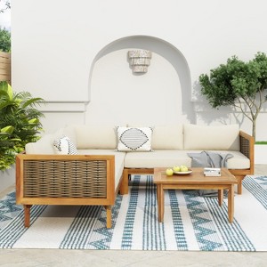 Christopher Knight Home Dorell Outdoor Acacia Wood and Wicker 5 Seater Sectional Sofa Set with Water-Resistant Cushions - 1 of 4