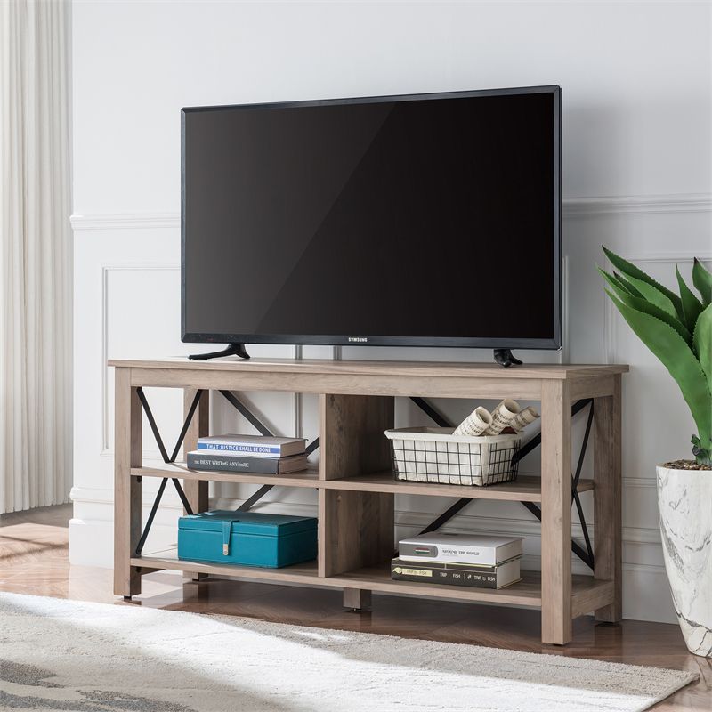 50" Open Back TV Stand in Gray Oak Wood with Metal Black Accents - Henn&Hart, 2 of 9