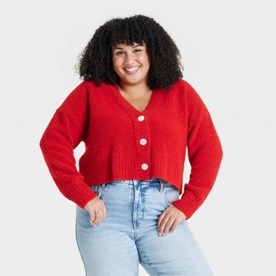 Women's Button-Front Knitted Cardigan - Ava & Viv™ Red 2X