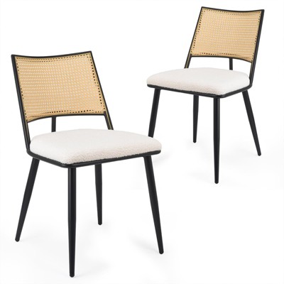 Sapphtopaz Modern Dining Chairs Set of 2 with Square Rattan Backrest Boucle Upholstered Chairs with Metal Frame Kitchen Chair for Dining Room