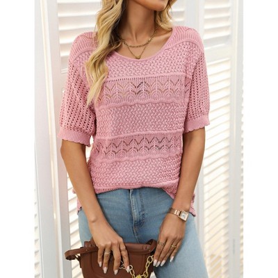 Womens Summer Tops Round Neck Lace Short Sleeve Casual Knit Top Blouse