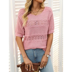 Womens Summer Tops Round Neck Lace Short Sleeve Casual Knit Top Blouse - 1 of 4