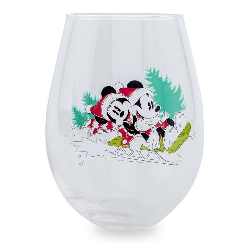 Silver Buffalo Disney Mickey and Minnie Christmas Sled Stemless Wine Glass | Holds 33.8 Ounces, 1 of 7