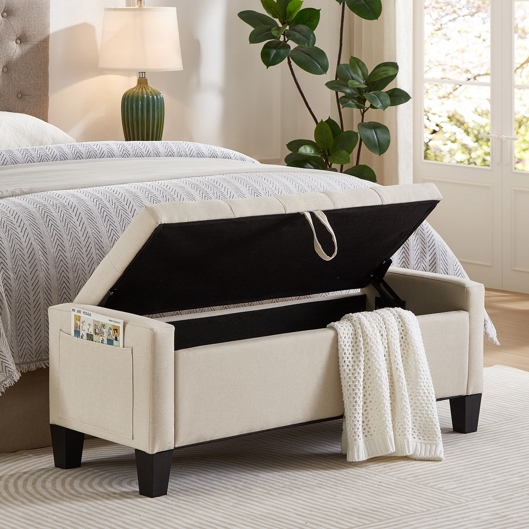 45" Storage Ottoman Bench, Upholstered Entryway Bench with Safety Hinge for Bedroom, Living Room, Beige Linen - ModernLuxe