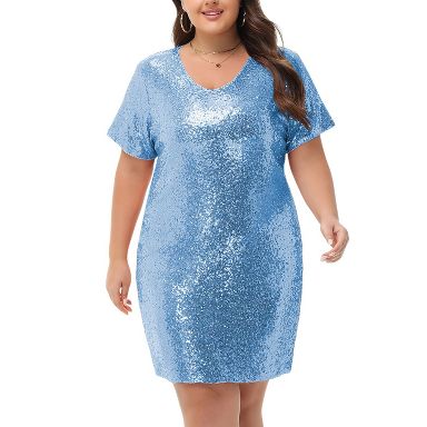 Anna-Kaci Womens Plus Size Short Sleeve Sequin Dresses V Neck T Shirt Shift Sparkle Dress - Plus-3X-18W-20W / Light Blue