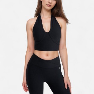 Anna-Kaci Active Women's Ribbed Halter Crop Tank Top with Deep V Neckline Seam Detailing - 1 of 4