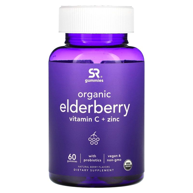 Sports Research Organic Elderberry, Vitamin C + Zinc, Natural Berry Flavors, 60 Gummies, Dietary Supplements, 1 of 3