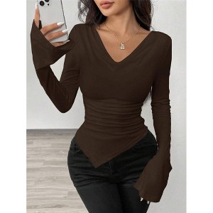 Women's Blouse Off Shoulder V Neck Long Sleeve Ruched Asymmetrical Top - 1 of 3