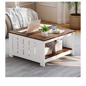 Coffee Table With Storage Farmhouse Coffee Table Wood Cocktail Table Square Living Room Table With Half Open Storage Compartment Walnut - 1 of 4