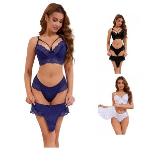 INSPIRE CHIC Women's 3 Sets Cross Straps Full Coverage Bralette and Panty Mesh Floral Lace Underwear Set - 1 of 4