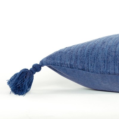 Navy Blue Cotton Woven Throw Pillow with Tassels