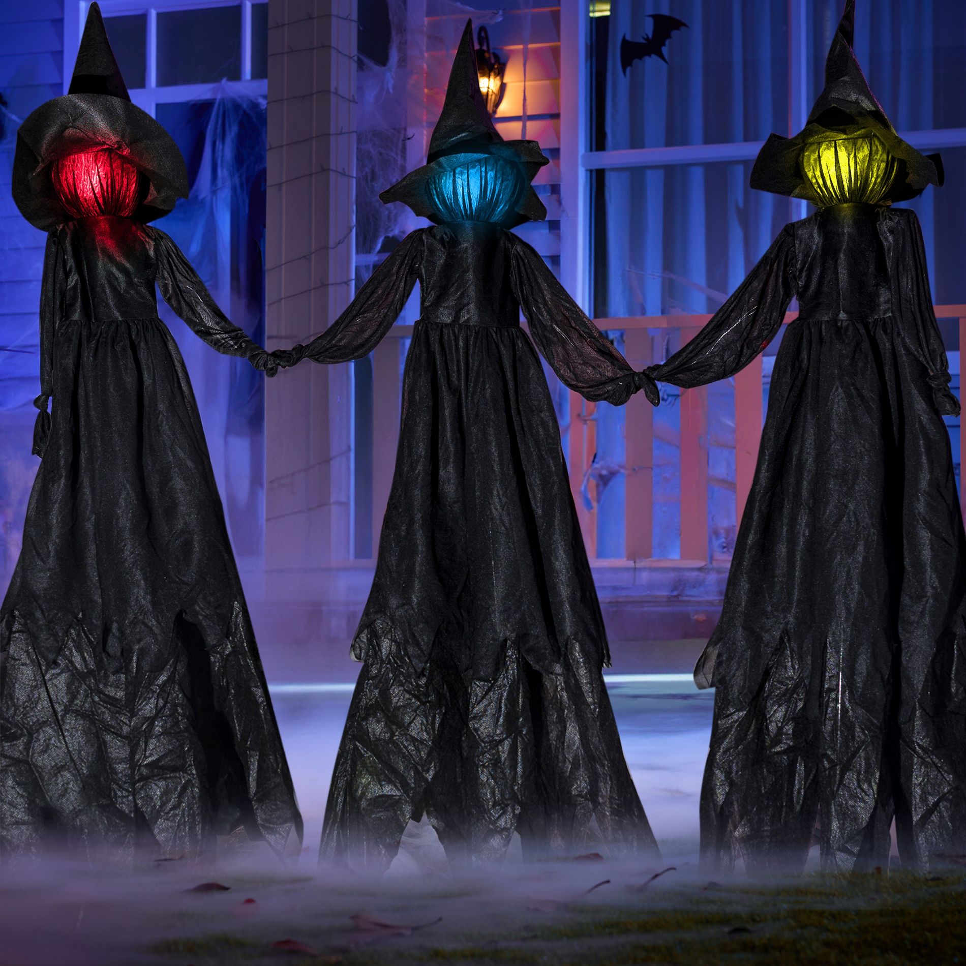 Joyfy 51" Halloween Light-Up Witch Yard Stakes, Flying Witches with Sound Activation, Witch Lawn Stakes for Halloween Outdoor Decorations (3-Pack)
