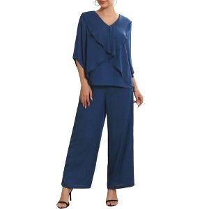 INSPIRE CHIC Women's Chiffon Ruffles V Neck Top Wide Legs Wedding Guest Pant Suit Sets 2 Pcs - 1 of 4