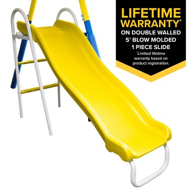 Blue and Yellow Metal Swing Set with Slide and Glider