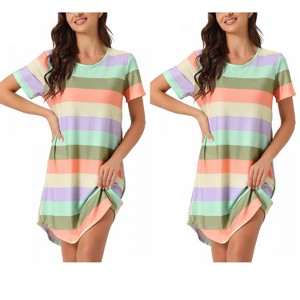 INSPIRE CHIC Women's 2 Pcs Curved-Hem Crew-Neck Striped Short-Sleeve Tee Dress Sleepshirt - 1 of 4
