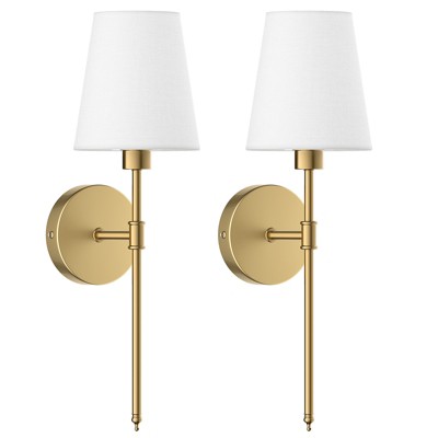 SUGIFT Set of 2 Brushed Gold Wall Sconces with Elegant White Shades